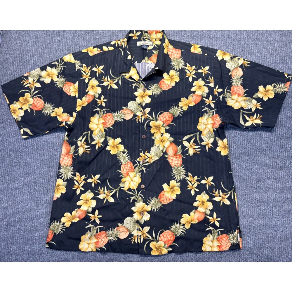Tommy Bahama Mens XL Silk Pineapple Floral Camp Shirt Navy Blue 43-T30486